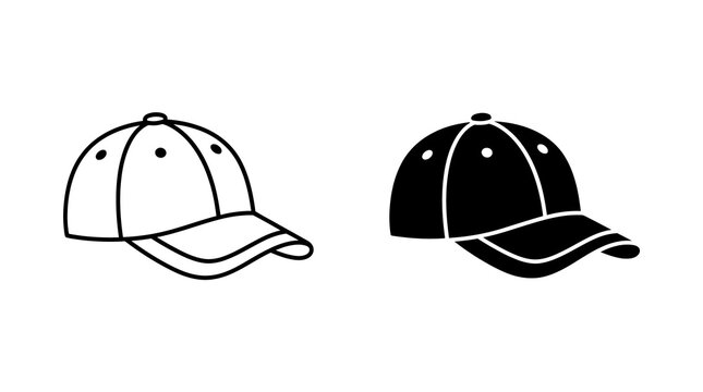 Baseball cap icon in linear and solid styles for sports apparel fashion design.