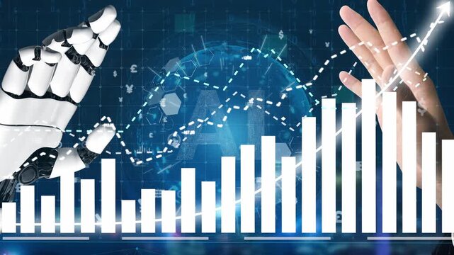 A visually striking image showcasing a robotic hand interacting with financial growth graphs, symbolizing the fusion of technology and human collaboration in modern business. Copula