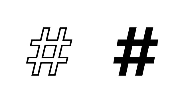 Hashtag symbol icon in outline and solid versions for social media communication.