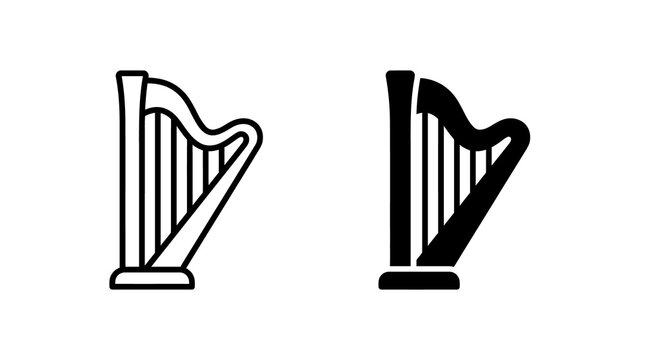Harp musical instrument icon in outline and solid styles for orchestra themes.