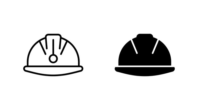 Safety hard hat icon in outline and solid styles for construction industry.