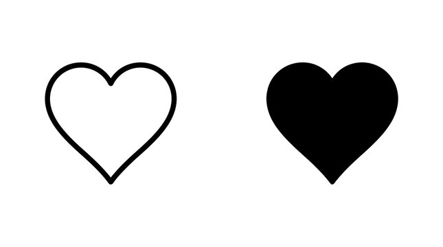 Heart shape love symbol icons in line and solid black styles for romance valentines day and emotional design concepts.