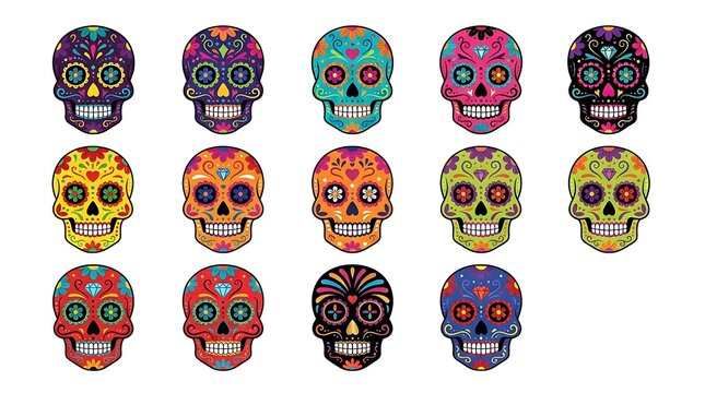 Set of thirteen colorful sugar skulls with decorative floral patterns arranged in a grid on a white background with pattern against plain