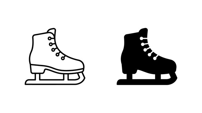 Ice skate footwear icon set featuring outline and solid black silhouettes for winter sports design.