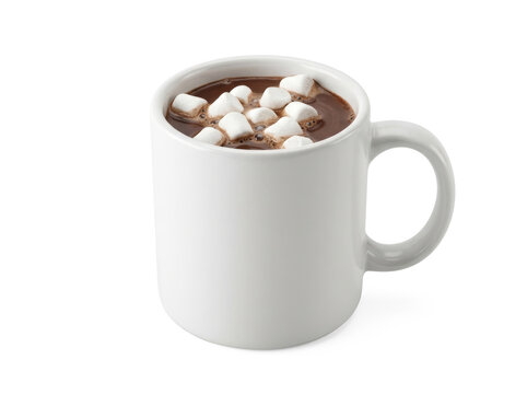 Hot chocolate mug, white drink cup, comfort food beverage