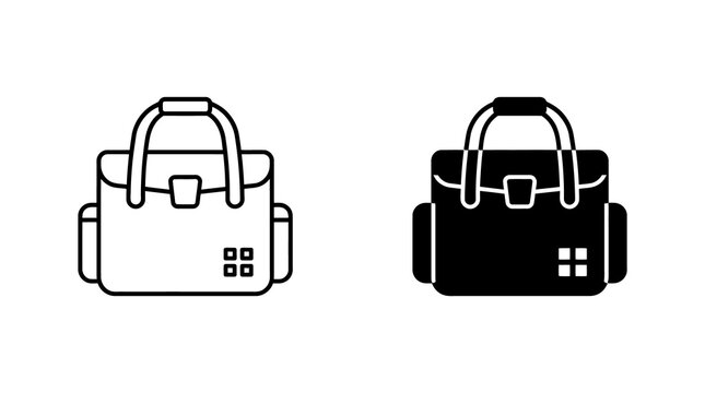 Briefcase business bag icon set with handle and pocket details in solid and outline black styles.