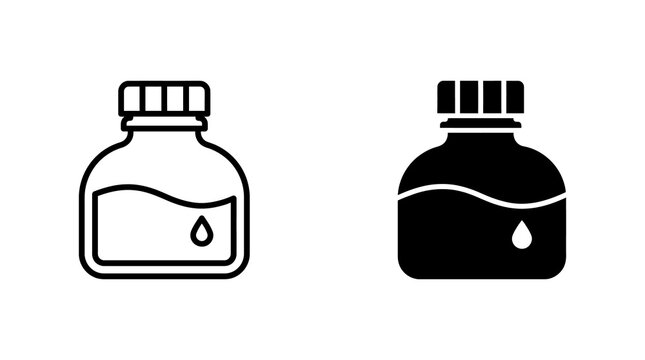 Ink bottle icon set with liquid droplet inside shown in solid and outline black design.