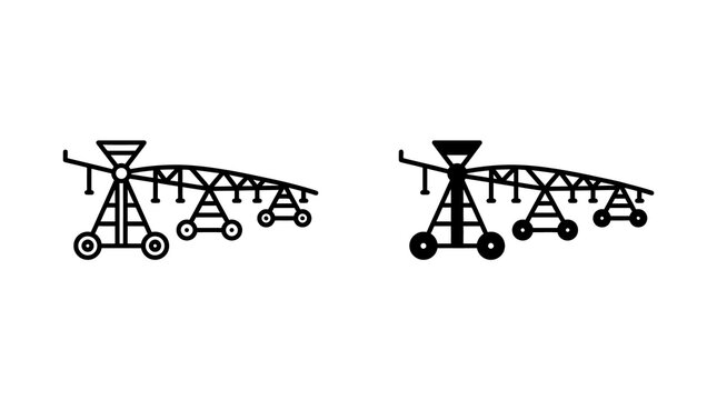 Pivot irrigation system icons in outline and solid black for agriculture and farming graphic design.