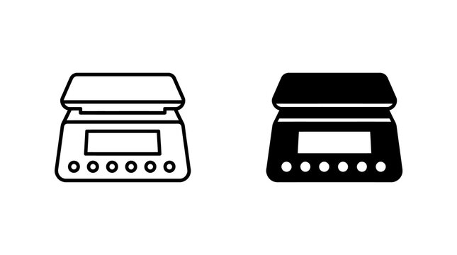 Digital kitchen scale icons in outlined and solid black styles for culinary measurement tools.