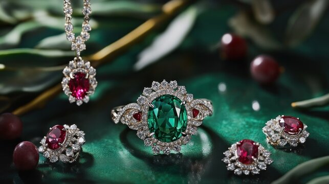 Luxurious emerald and ruby jewelry set on a green background with foliage and berries