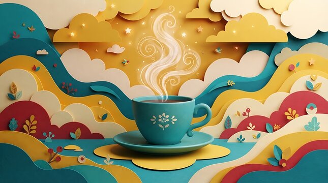 A teal cup of hot steaming beverage sitting on a saucer against a paper craft background with clouds colorful abstract matching saucer amidst