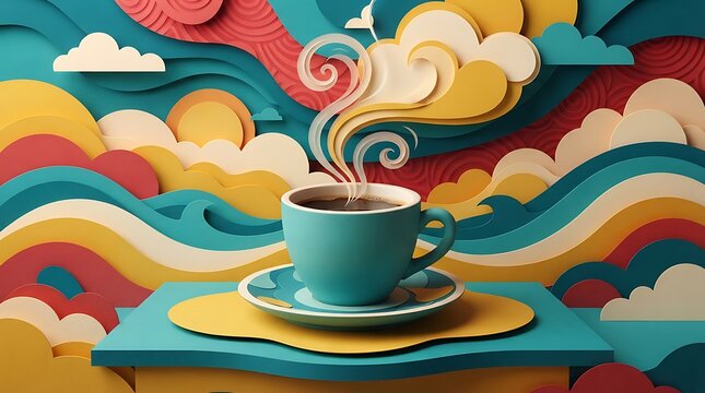 A steaming blue coffee cup sits on a table against a colorful paper craft background with landscape abstract clouds coffee rests matching