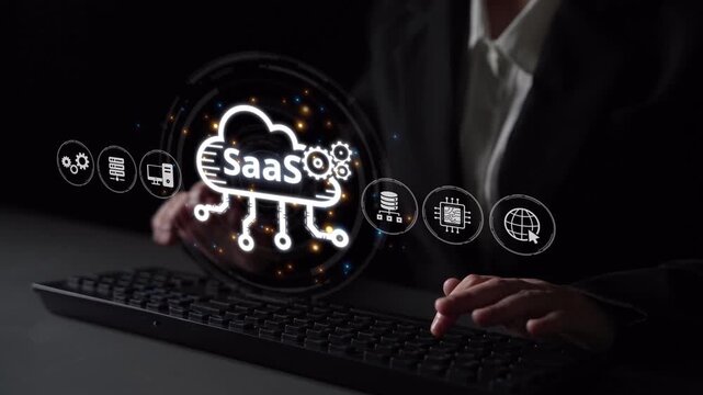 Visual representation of SaaS showing infrastructure, SaaS deployment, SaaS platform features, and SaaS integration model in digital environment. Muxer