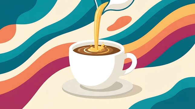 Milk being poured into a white ceramic coffee cup against a colorful abstract wavy background with pitcher filled ceramic sitting saucer