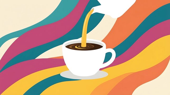 A white cup being filled with coffee against a background of colorful wavy abstract stripes with backdrop vibrant multicolored lines flat illustration