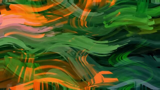 Bold organic strokes in green and orange flow in mesmerizing waves against deep black, delivering a high-contrast psychedelic visual for electronic music and live performances.