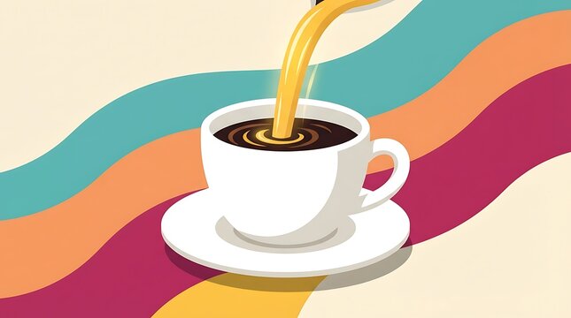 A white cup being filled with hot coffee against a colorful wavy striped background design with wavy diagonal stripes ceramic cup saucer