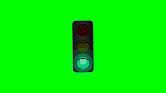 4K seamless HTML/JS animation of a realistic LED traffic light cycling through red, green, and yellow sequentially on a chroma key background.