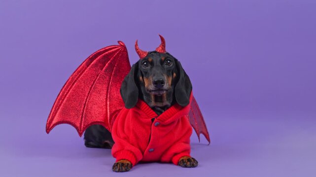 A black and tan dachshund dog dressed in a red fleece jacket with glittery bat wings and horns lies on a purple studio backdrop and lifts its head, an idea for pet costume retail and fancy dress.