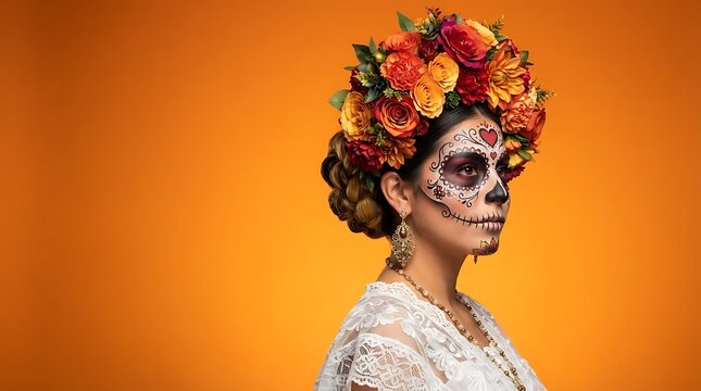 Woman wearing a floral crown and decorative skull makeup against a solid orange background with vibrant flower headpiece studio backdrop profile