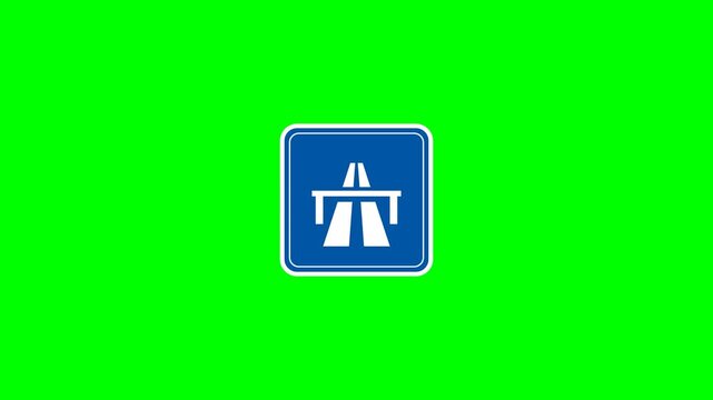 4K seamless HTML/JS animation of a geometrically perfect Motorway sign popping up, its symbol blinking precisely, and popping out on a green screen.