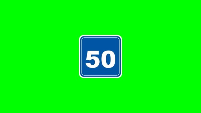 4K seamless HTML/JS animation of a Recommended Speed (50) sign popping up, its text blinking precisely, and popping out on a green screen.