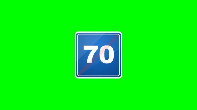 Premium commercial microstock asset featuring a static blue End of Recommended Speed (70) sign with a blinking red diagonal strike-through.