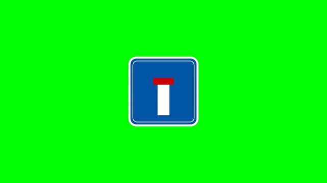 4K seamless HTML/JS animation of a Dead End (No Through Road) sign popping up, its symbol blinking precisely, and popping out on a green screen.