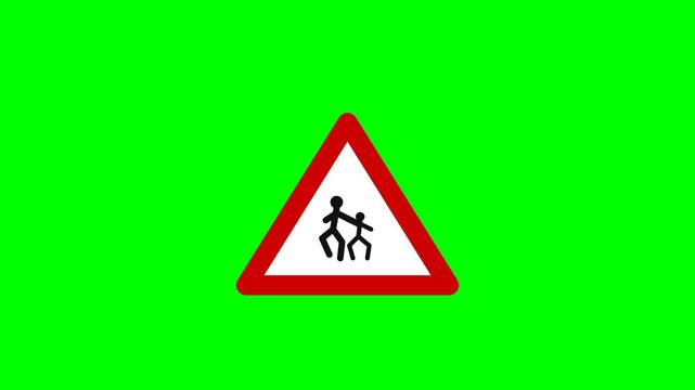 4K seamless HTML/JS animation of a Children Crossing warning sign popping up, its symbol blinking precisely, and popping out on a green screen.
