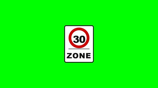4K seamless HTML/JS animation of a 30 Zone (School Zone) sign popping up, its symbols blinking precisely, and popping out on a green screen.