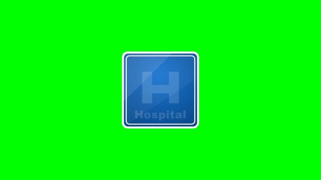 Premium commercial microstock asset featuring a static blue Hospital sign with a white 'H' symbol that blinks regularly like a medical emergency indicator.