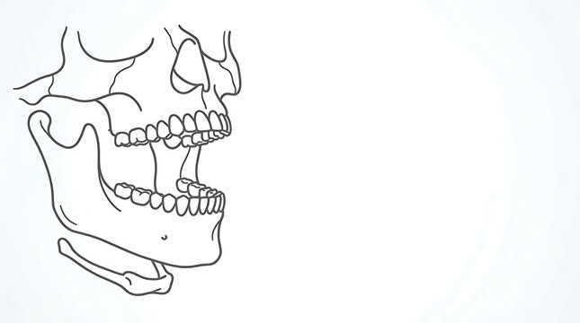 Continuous line drawing of human skull jaw and teeth profile for medical anatomy and science education illustration