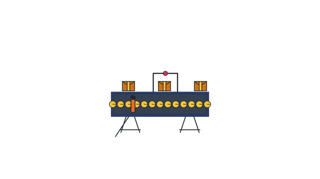 Automated industrial conveyor system moving wooden cargo crates along a production assembly line for efficient warehouse logistics and supply chain management operations in a manufacturing plant