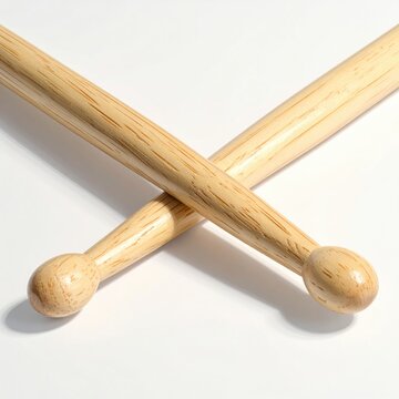 Two wooden drumsticks crossed on a white background, casting subtle shadows