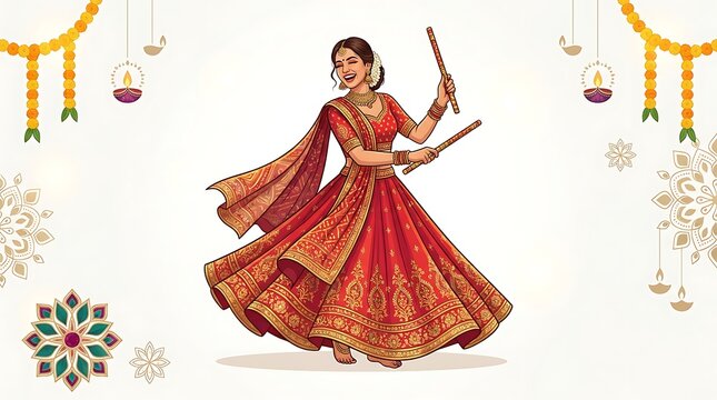 Indian woman in traditional red dress performing garba folk dance with dandiya raas navratri festival dandiya sticks indian culture lehenga choli dance performance cultural dance ethnic fashion