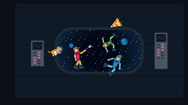 Animated astronaut family and their cat floating in zero gravity inside a spaceship with floating pizza and balls looking out at starry space