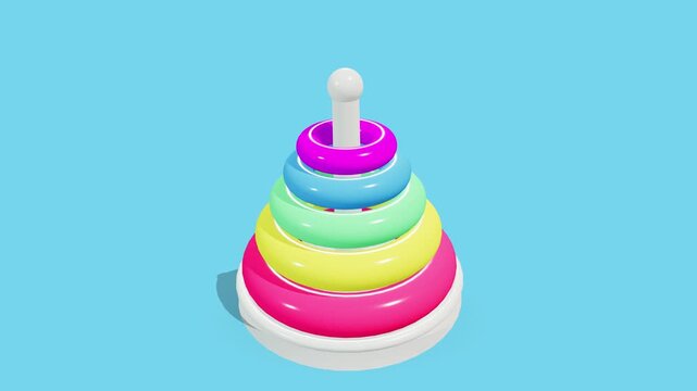 Six colorful baby ring stacker toys moving on a vibrant blue background