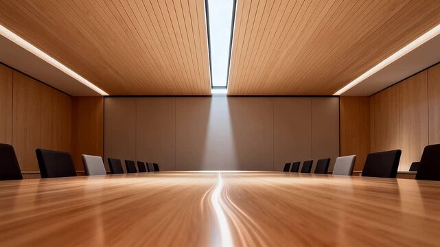 Modern conference room with large wooden table comfortable chairs and skylight ceiling
