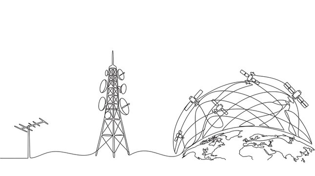 Continuous Line Drawing Global Communication Network Telecommunications Tower Satellite Technology Connectivity