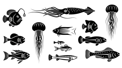 Obraz premium Collection of Marine Life Silhouettes: Fish, Squid, Jellyfish - Isolated Black Icons on Transparent Background