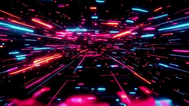 A luminous laser pulse travels through an endless neon corridor, activating geometric patterns and vibrant blue and pink structures as the camera accelerates toward the vanishing point.