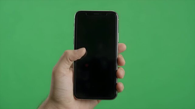 Smartphone Mockup Hand Holding Blank Mobile Phone Green Screen Front View Chroma Key 4K