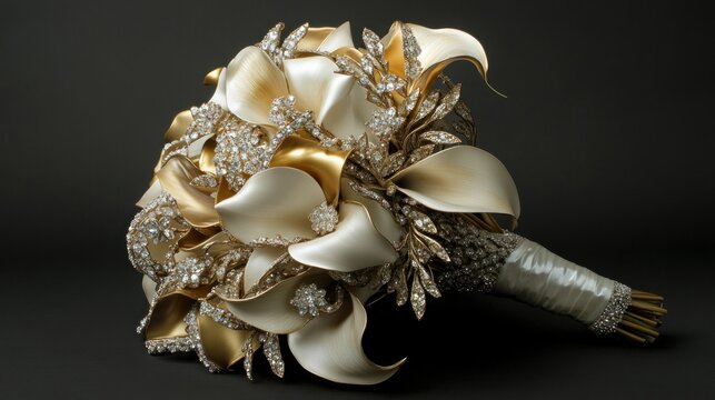 Luxurious Gold and Cream Calla Lily Bridal Bouquet on Dark Background