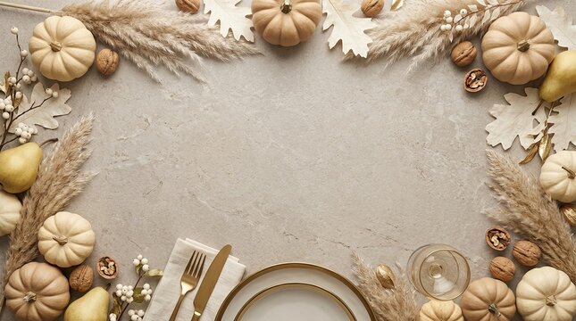 Elegant thanksgiving table setting with white pumpkins and golden rimmed plates on beige background decorated with dry grass and oak leaves border.