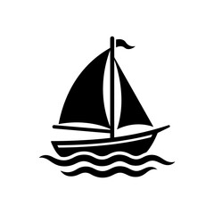 Black silhouette of a sailboat on wavy water, ideal for nautical themes, travel graphics, and maritime design elements. © Handmade