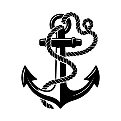 Black silhouette anchor symbol with coiled rope tied around metal post for maritime nautical graphic design projects on isolated transparent background vector art. © Handmade