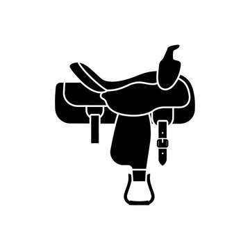 Black silhouette of a western saddle with stirrups and girth, perfect for equestrian, rodeo, and cowboy-themed graphic designs.
