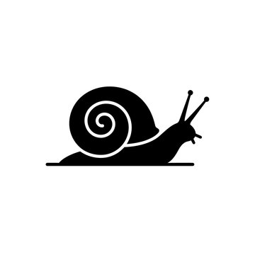 Black snail icon showing garden creature with spiral shell crawling slowly on simple base line for nature studies and educational vector graphic design projects.