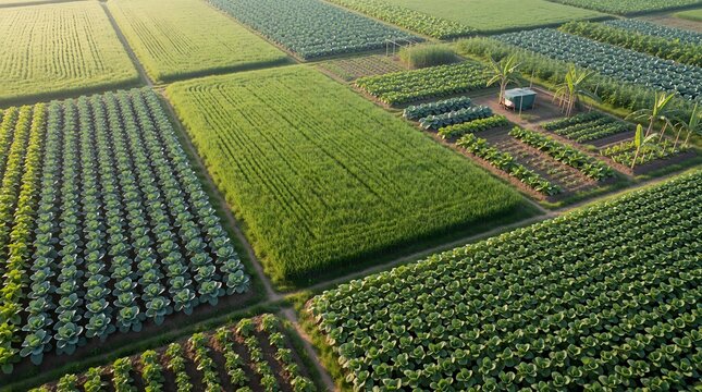 aerial view of productive agricultural fields and cultivated farmland