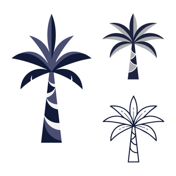 Set of three stylized palm tree illustrations with flat color and line art variations tropical silhouette illustration botanical paradise